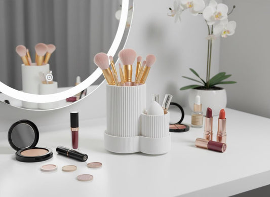 May include: A white makeup organizer made by highly obtainable , easy to use , elegant minimalistic designed organizer make up cup and side cup with base